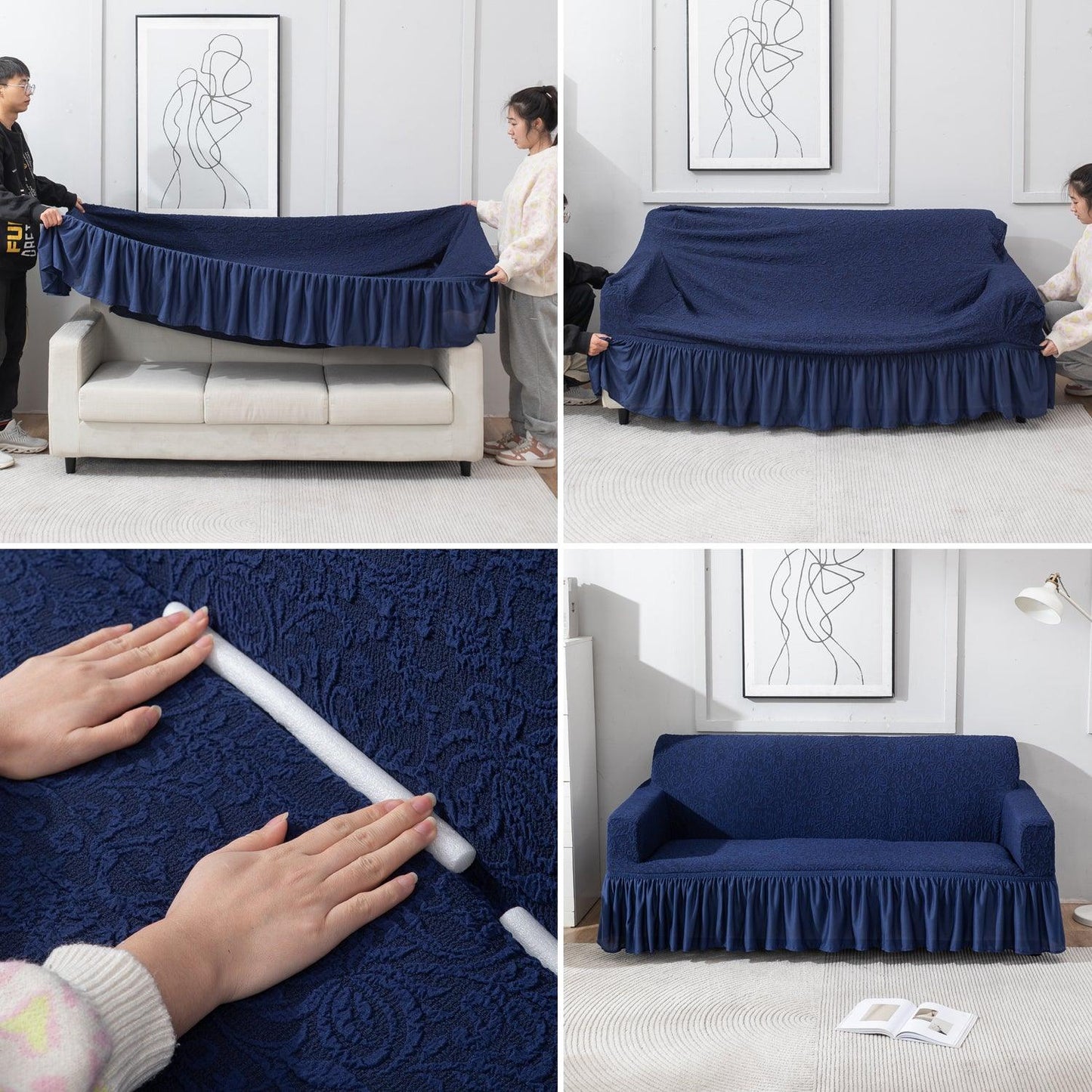 Elastic Stretchable Designer Woven Jacquard Sofa Cover with Frill, Navy Blue
