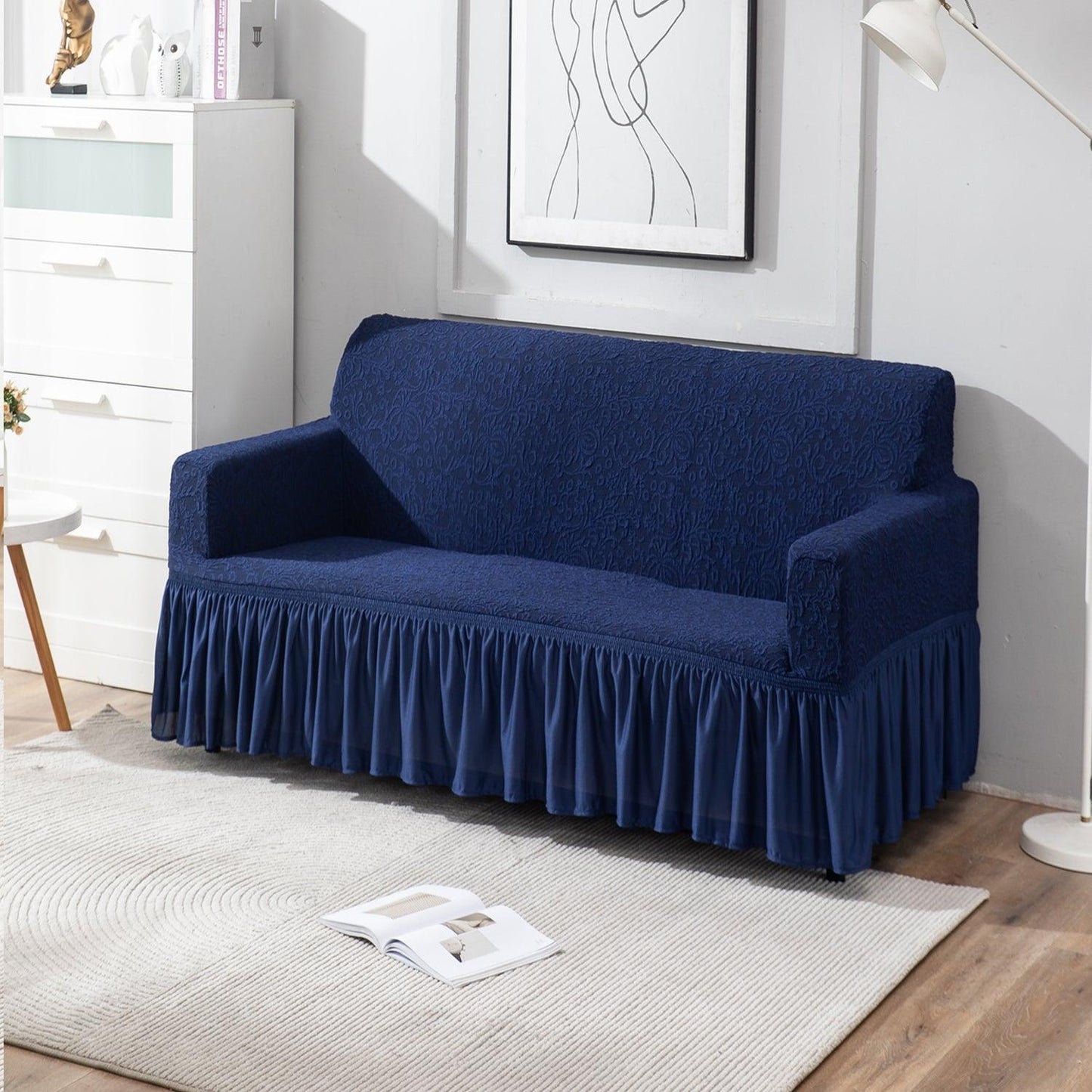 Elastic Stretchable Designer Woven Jacquard Sofa Cover with Frill, Navy Blue