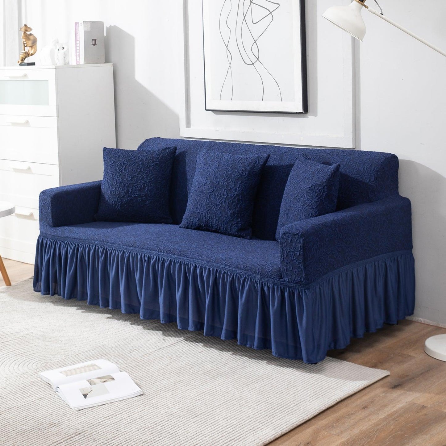 Elastic Stretchable Designer Woven Jacquard Sofa Cover with Frill, Navy Blue