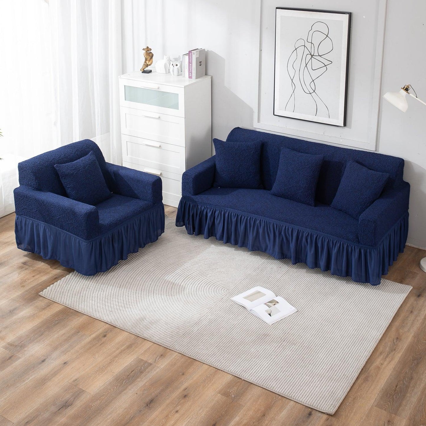 Elastic Stretchable Designer Woven Jacquard Sofa Cover with Frill, Navy Blue