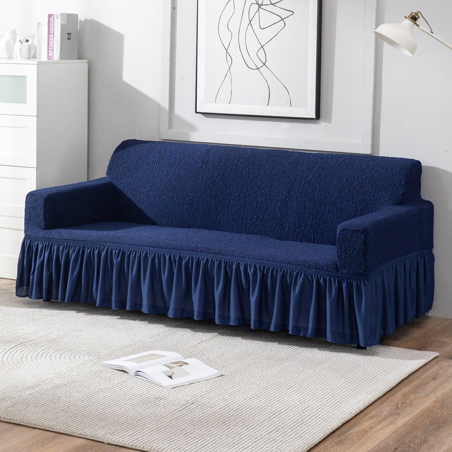 Elastic Stretchable Designer Woven Jacquard Sofa Cover with Frill, Navy Blue