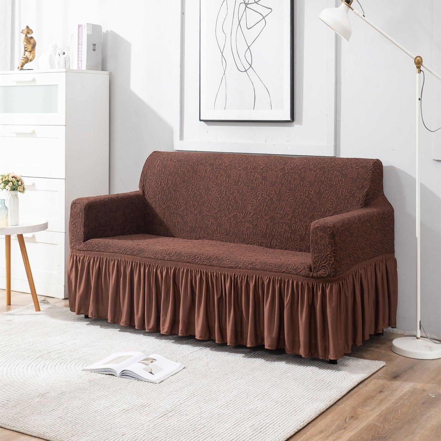 Elastic Stretchable Designer Woven Jacquard Sofa Cover with Frill , Pecan Brown
