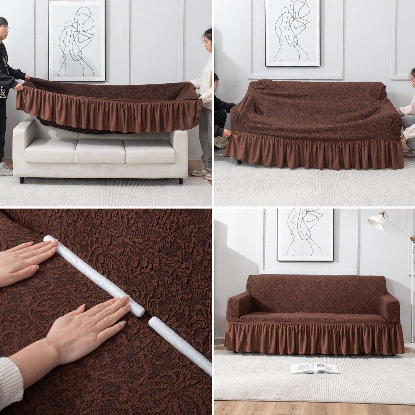 Elastic Stretchable Designer Woven Jacquard Sofa Cover with Frill , Pecan Brown