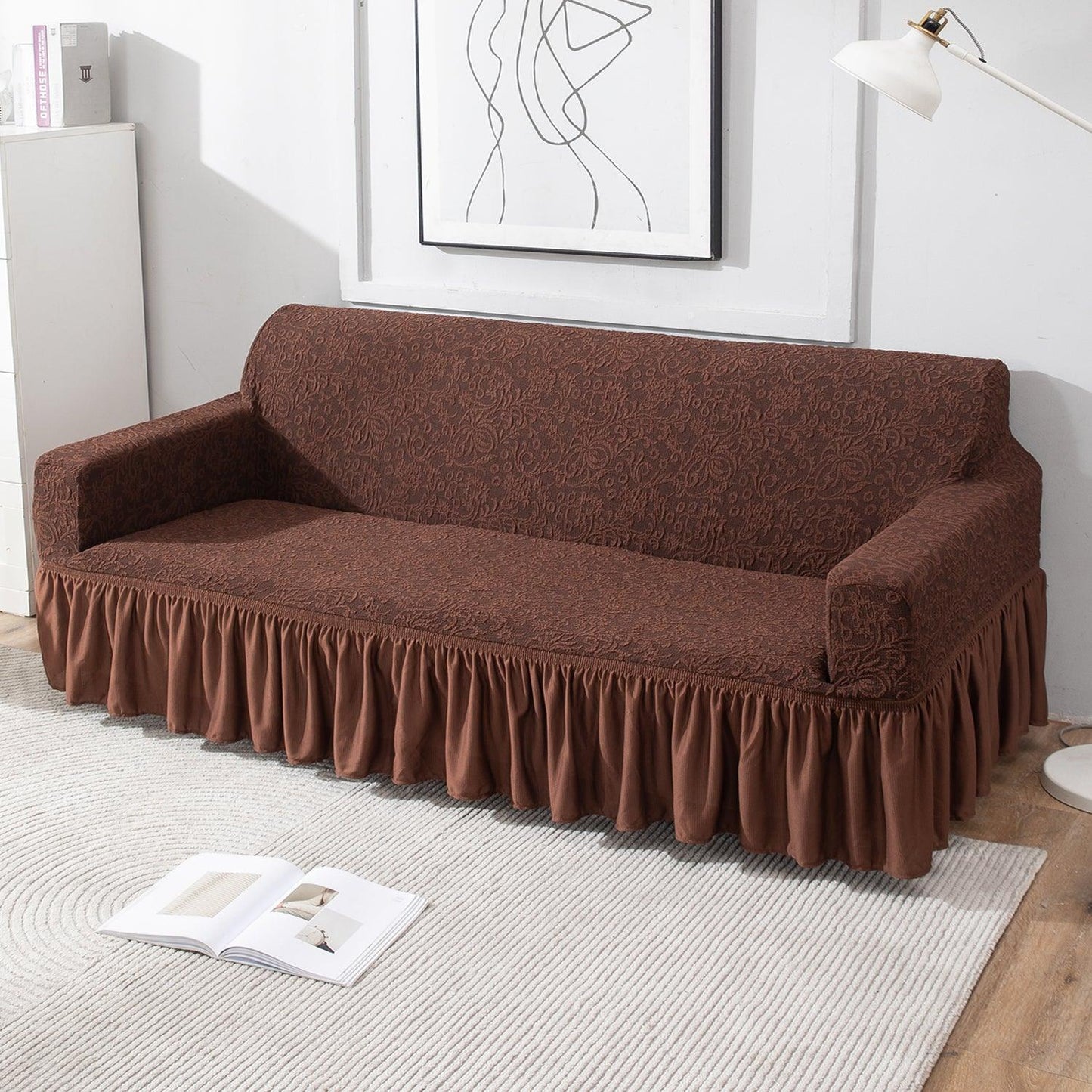 Elastic Stretchable Designer Woven Jacquard Sofa Cover with Frill , Pecan Brown