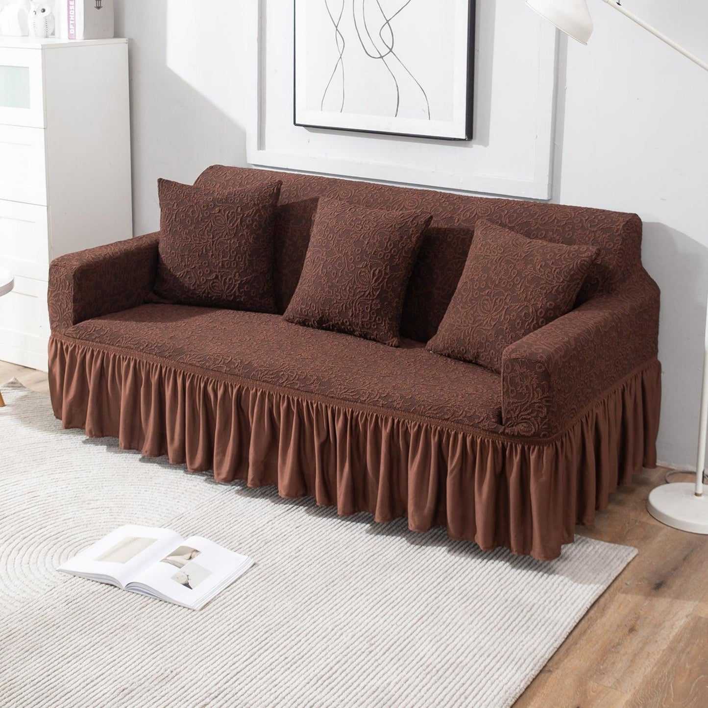 Elastic Stretchable Designer Woven Jacquard Sofa Cover with Frill , Pecan Brown