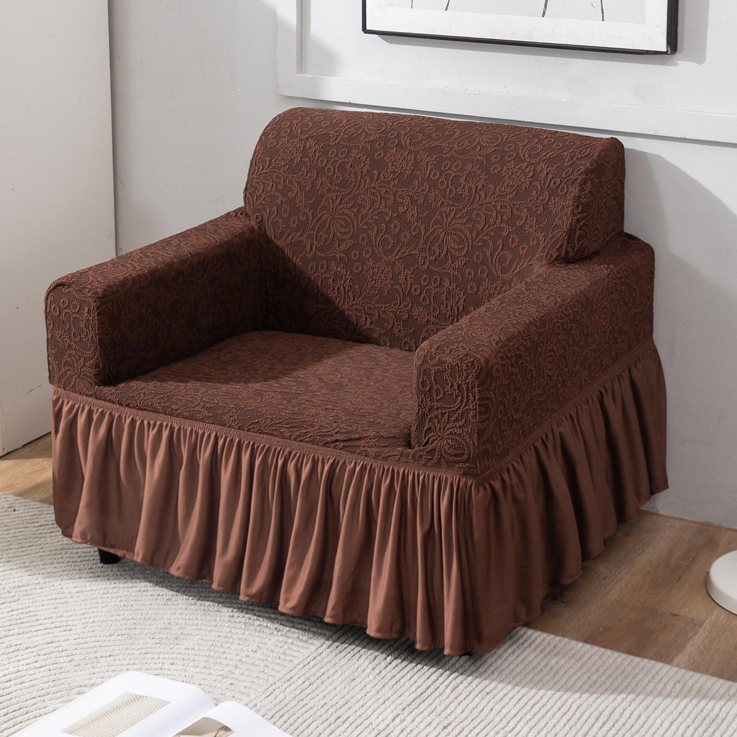Elastic Stretchable Designer Woven Jacquard Sofa Cover with Frill , Pecan Brown