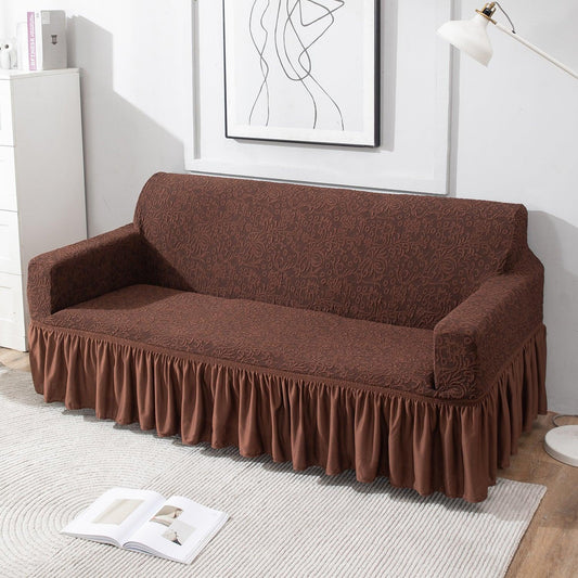 Elastic Stretchable Designer Woven Jacquard Sofa Cover with Frill , Pecan Brown