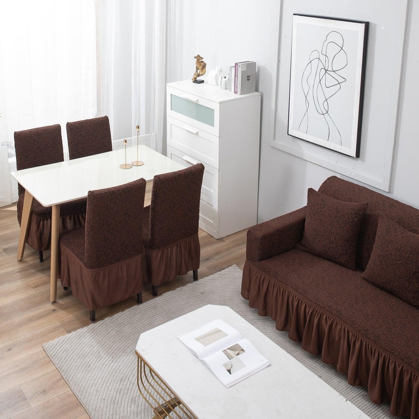 Elastic Stretchable Designer Woven Jacquard Sofa Cover with Frill , Pecan Brown