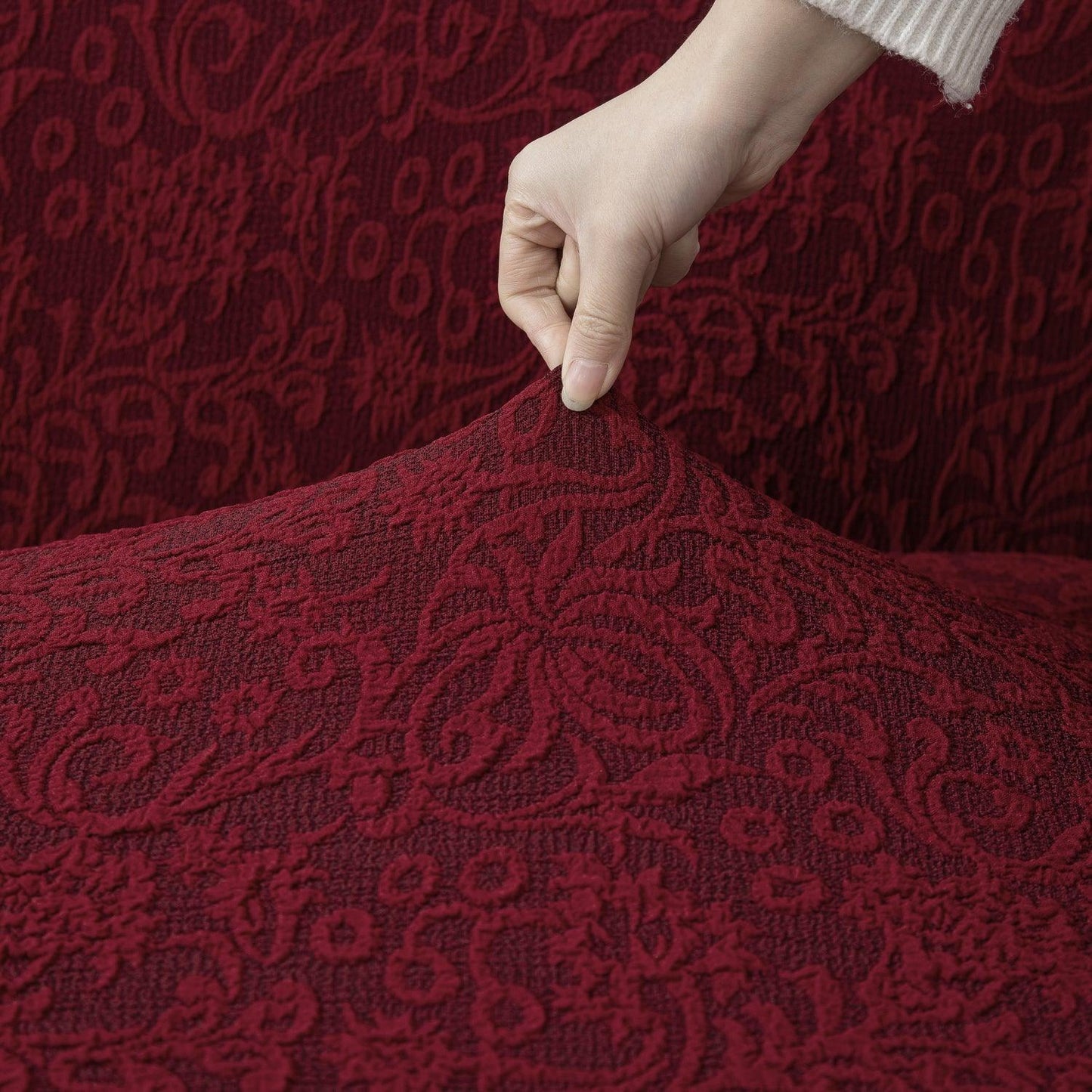 Elastic Stretchable Designer Woven Jacquard Sofa Cover with Frill, Wine Red
