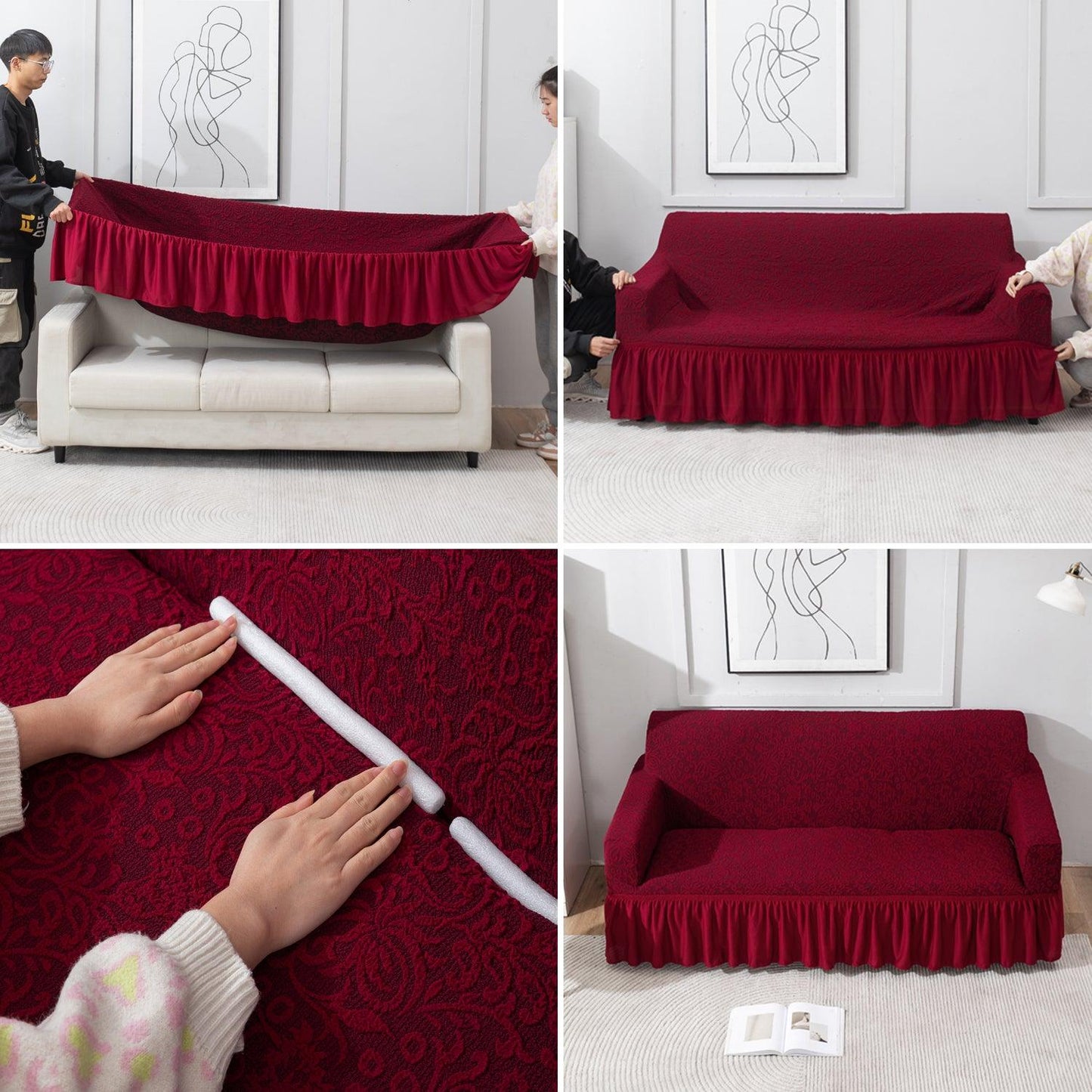 Elastic Stretchable Designer Woven Jacquard Sofa Cover with Frill, Wine Red