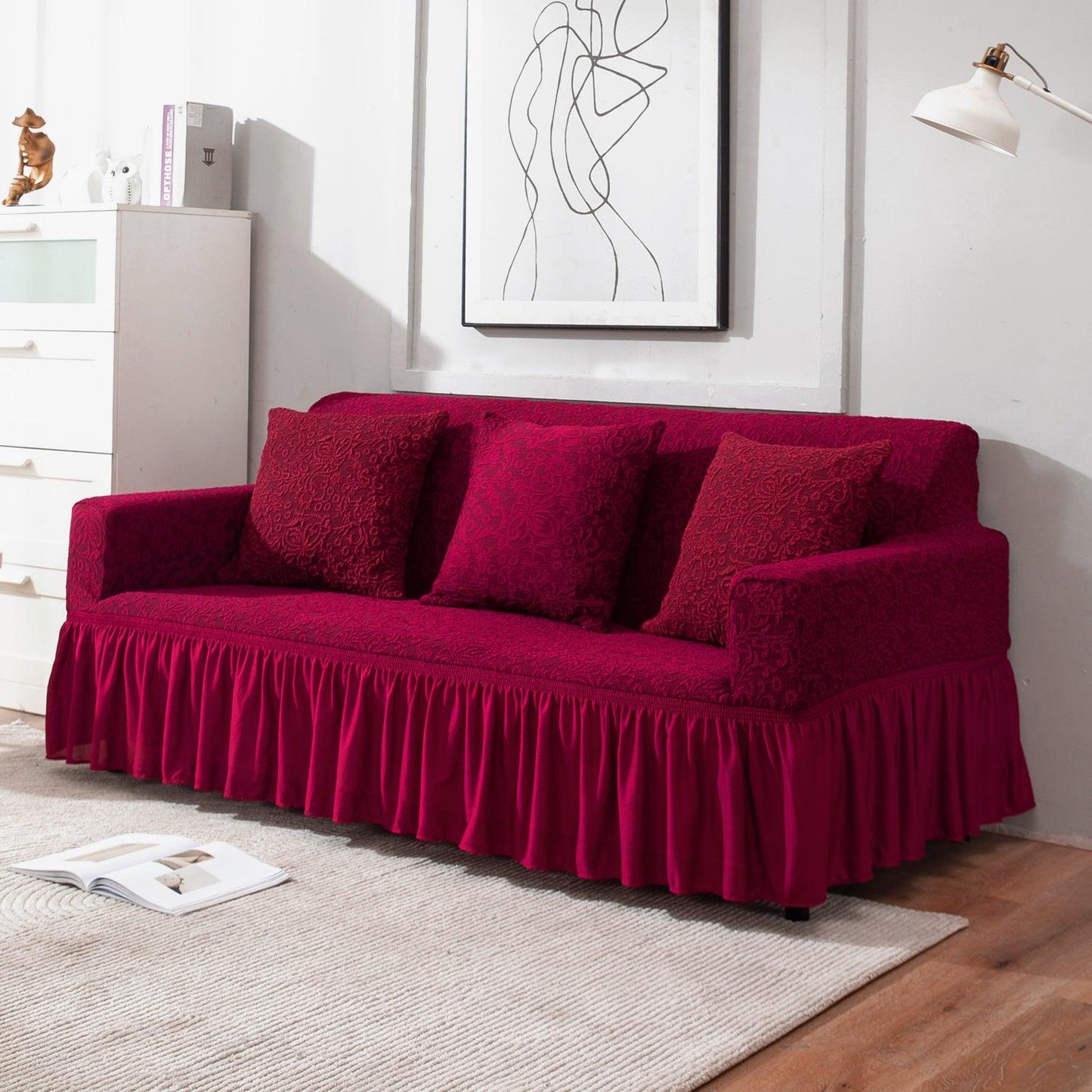 Elastic Stretchable Designer Woven Jacquard Sofa Cover with Frill, Wine Red
