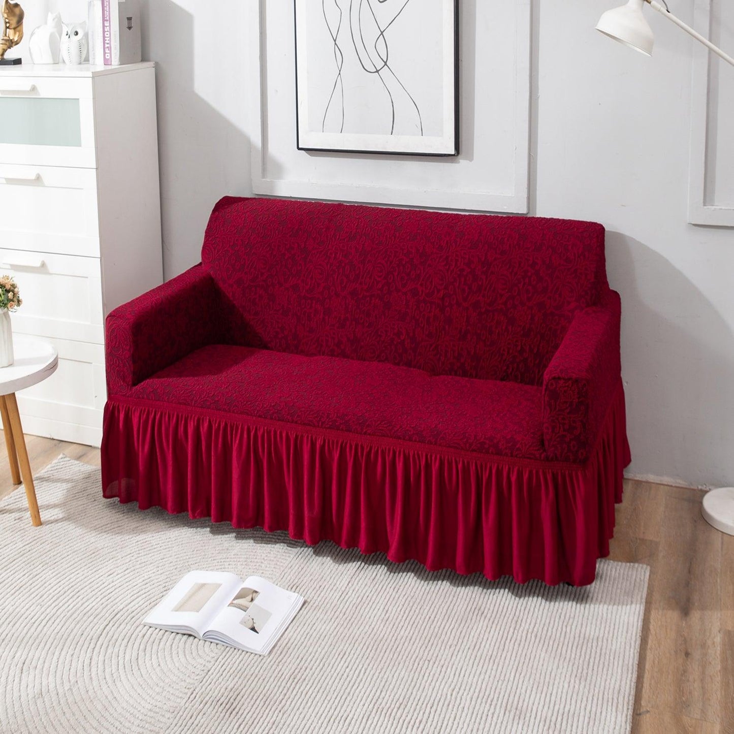 Elastic Stretchable Designer Woven Jacquard Sofa Cover with Frill, Wine Red