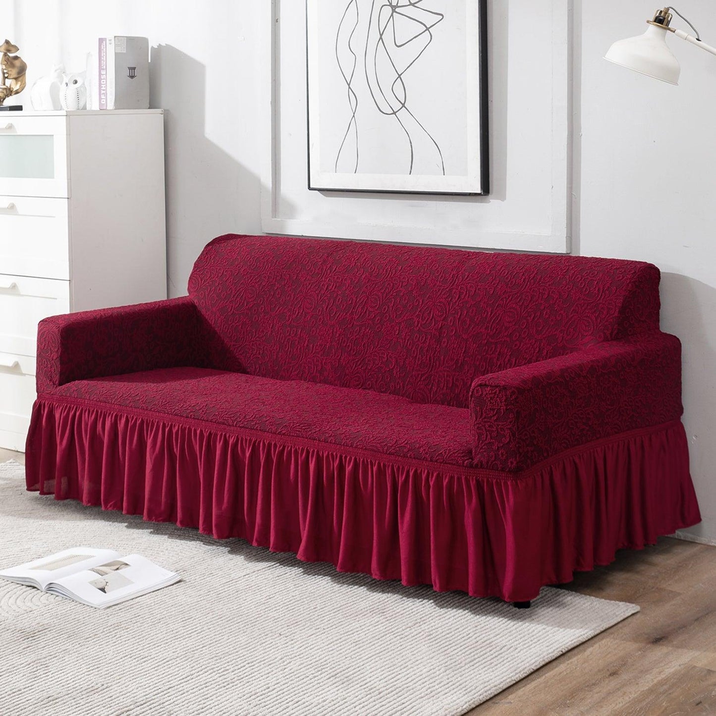 Elastic Stretchable Designer Woven Jacquard Sofa Cover with Frill, Wine Red