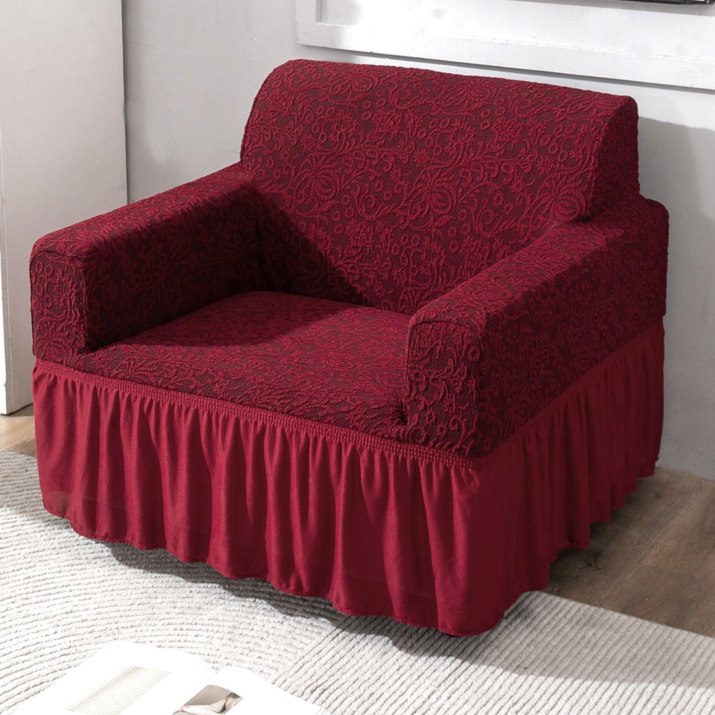 Elastic Stretchable Designer Woven Jacquard Sofa Cover with Frill, Wine Red