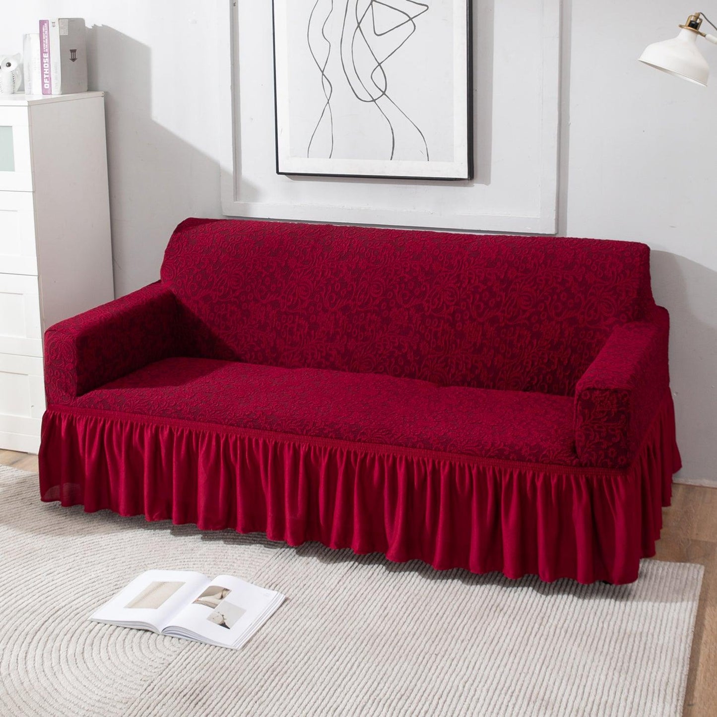 Elastic Stretchable Designer Woven Jacquard Sofa Cover with Frill, Wine Red