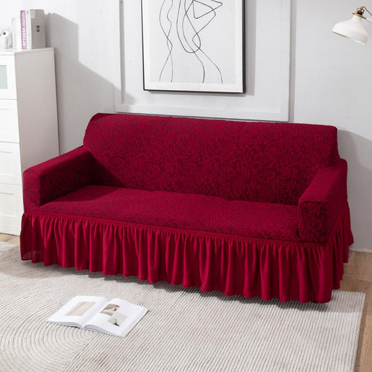 Elastic Stretchable Designer Woven Jacquard Sofa Cover with Frill, Wine Red
