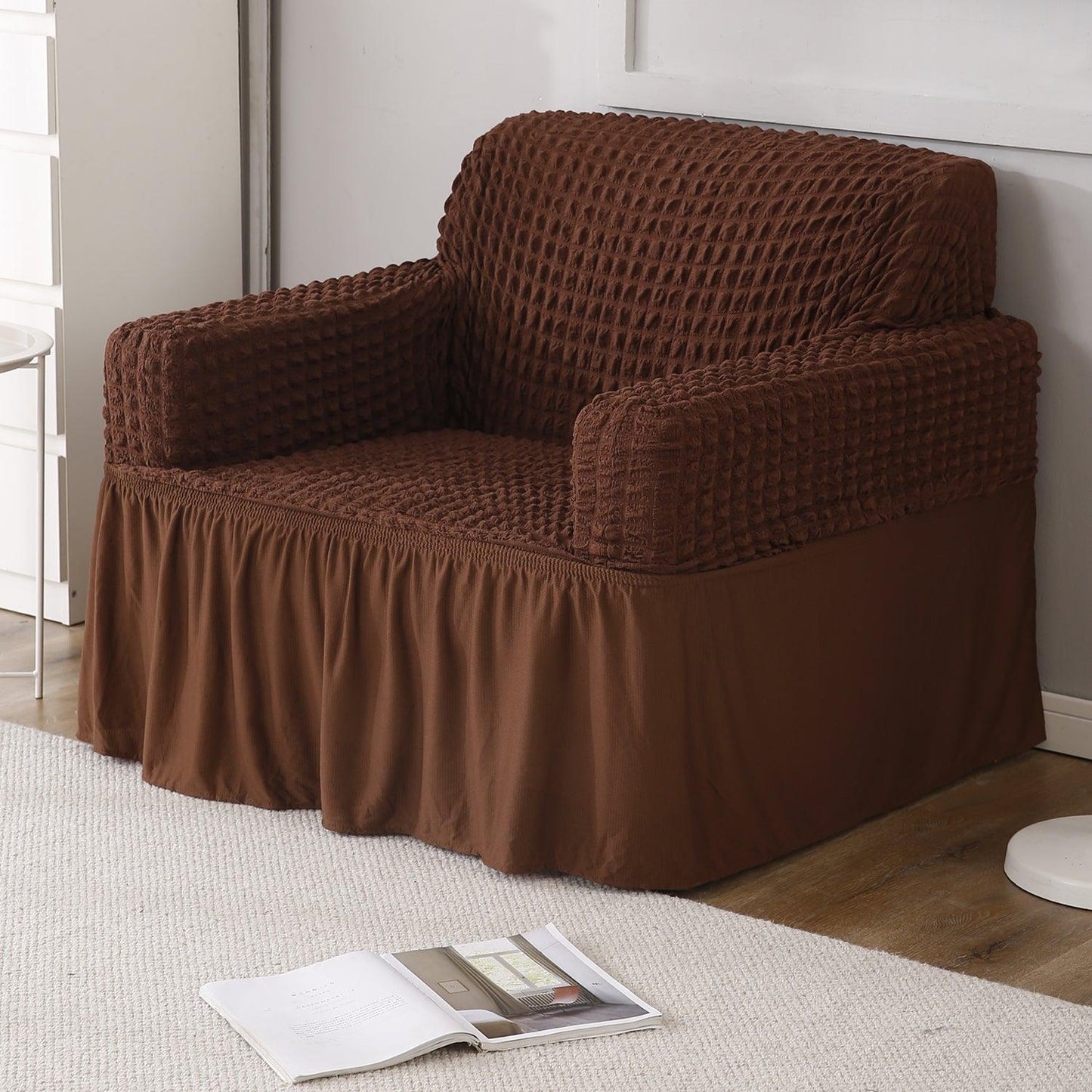 Elastic Stretchable 280 GSM Bubble Sofa Cover with Frill, Dark Brown
