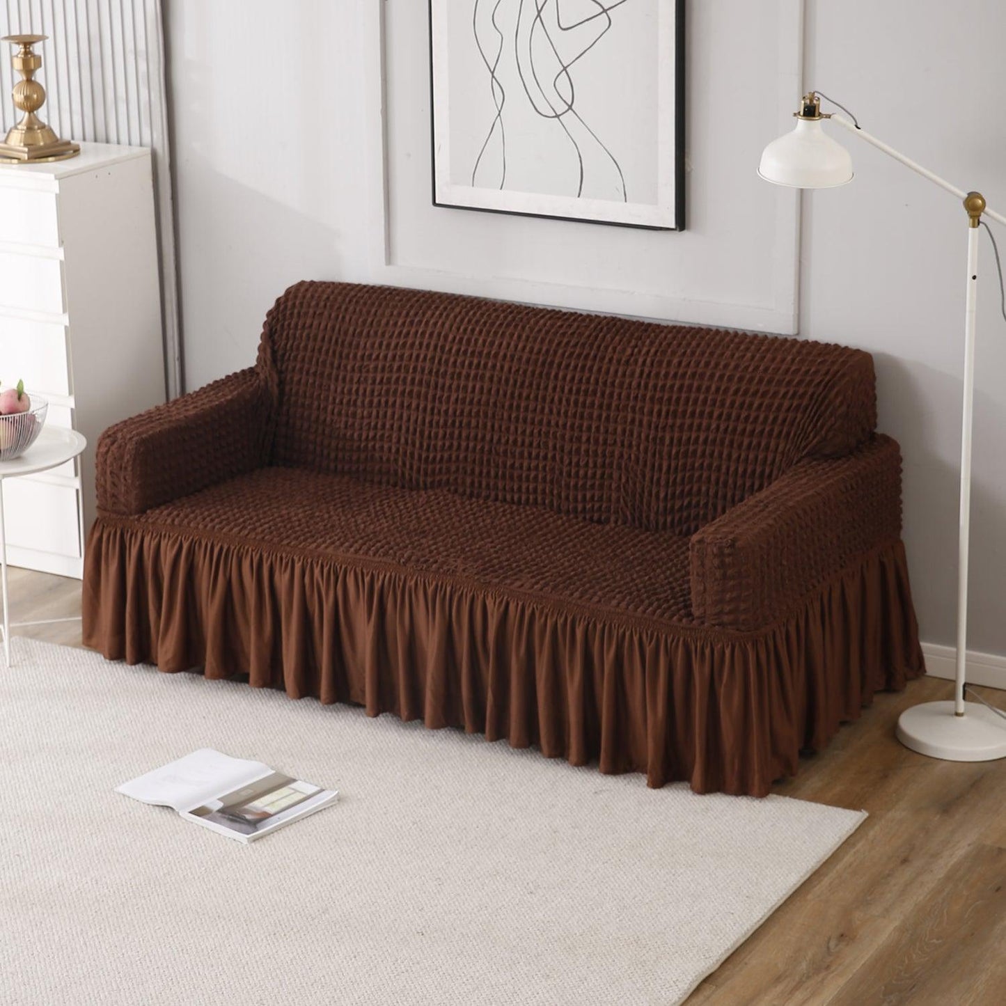 Elastic Stretchable 280 GSM Bubble Sofa Cover with Frill, Dark Brown