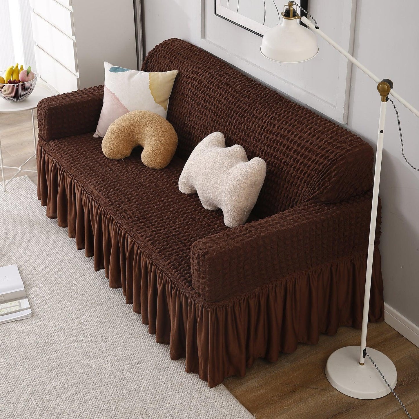 Elastic Stretchable 280 GSM Bubble Sofa Cover with Frill, Dark Brown
