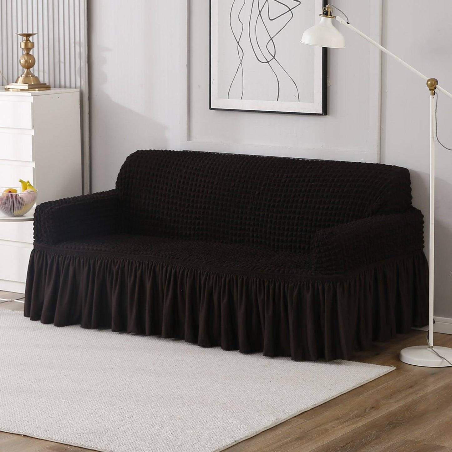 Elastic Stretchable Turkish 280 GSM Bubble Sofa Cover with Frill, Dark Chocolate