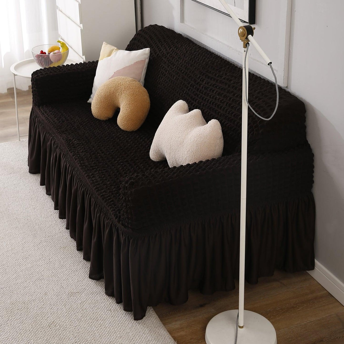 Elastic Stretchable Turkish 280 GSM Bubble Sofa Cover with Frill, Dark Chocolate