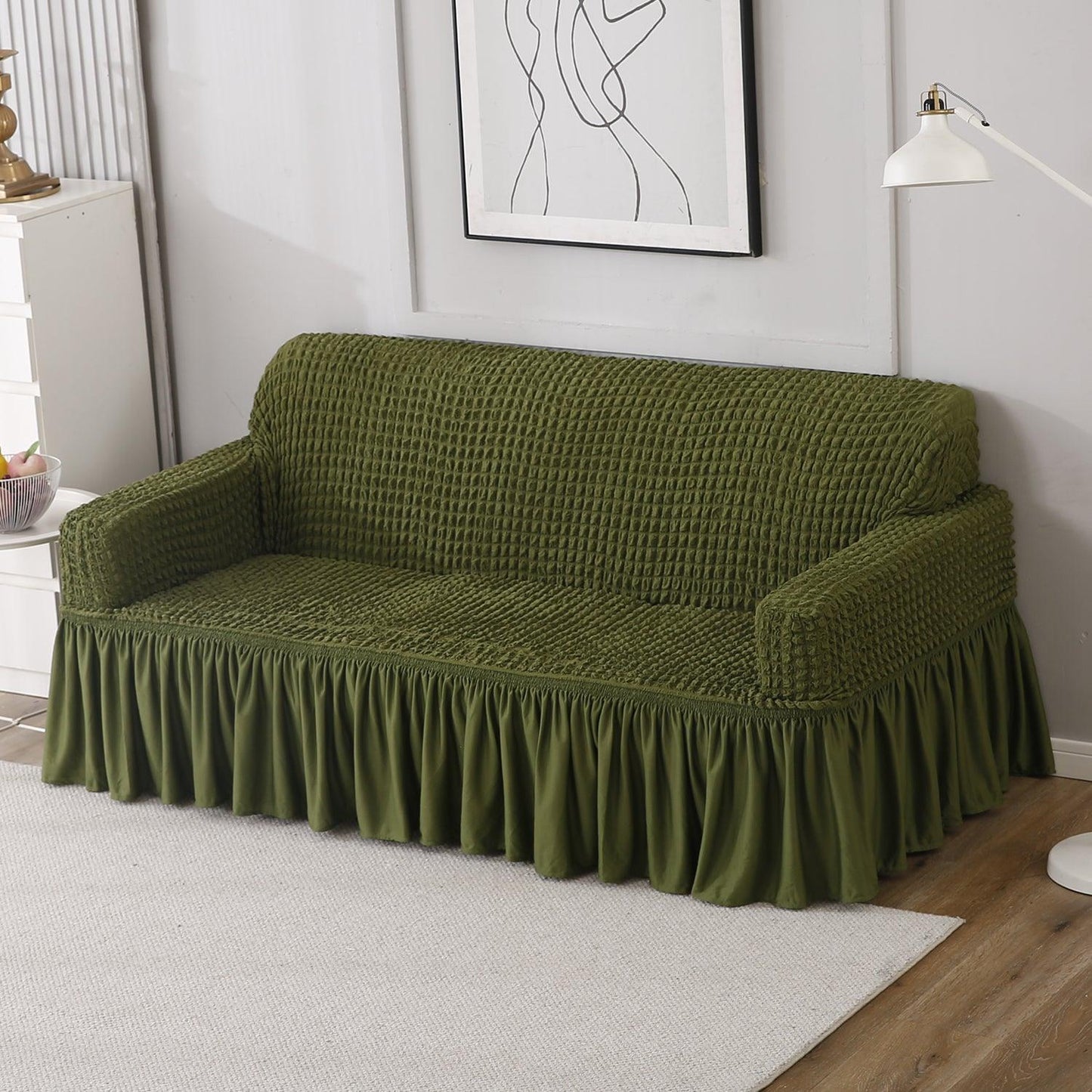 Elastic Stretchable Bubble 280 GSM Sofa Cover with Frill, Forest Green