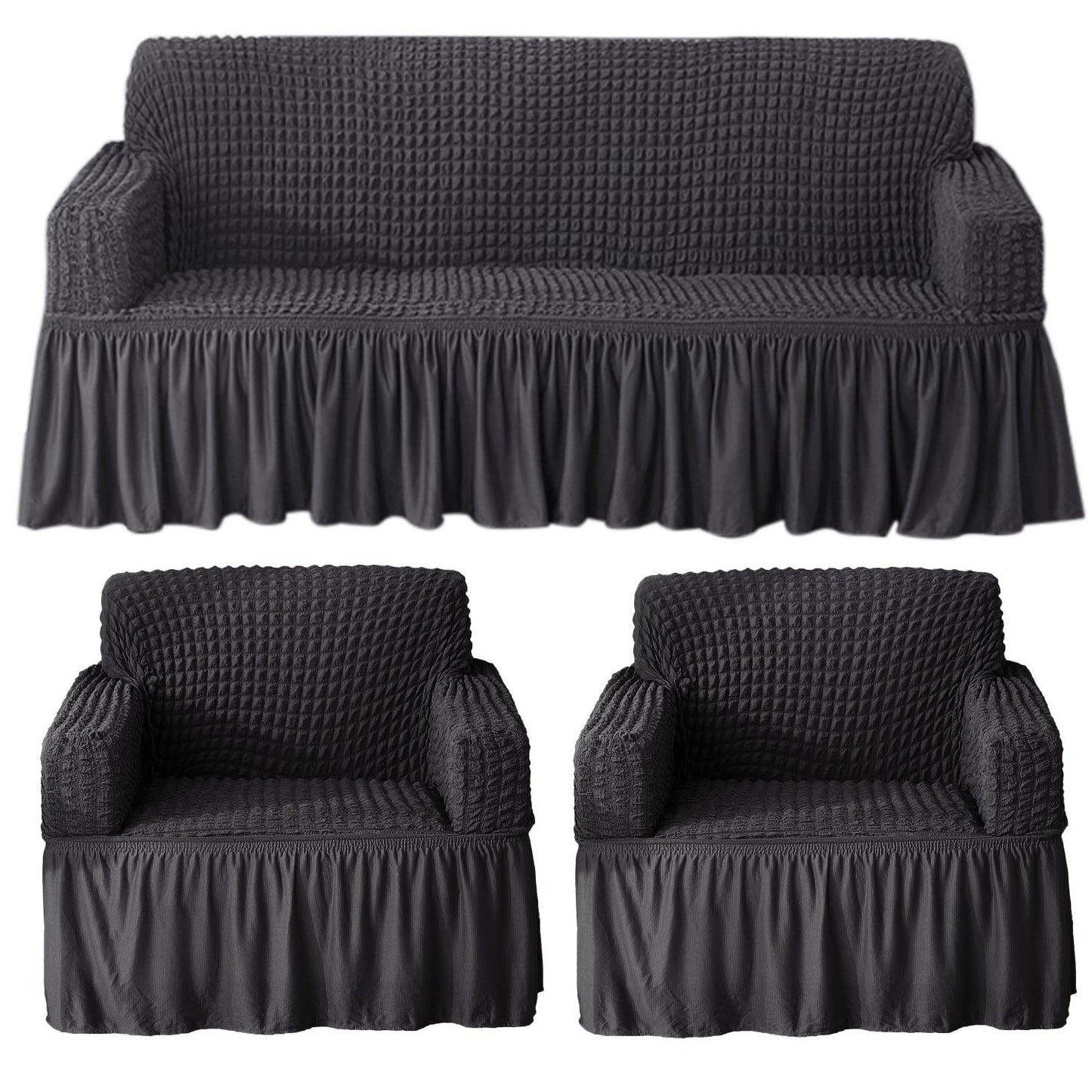 Elastic Stretchable Bubble Sofa Cover with Frill, Anchor Grey