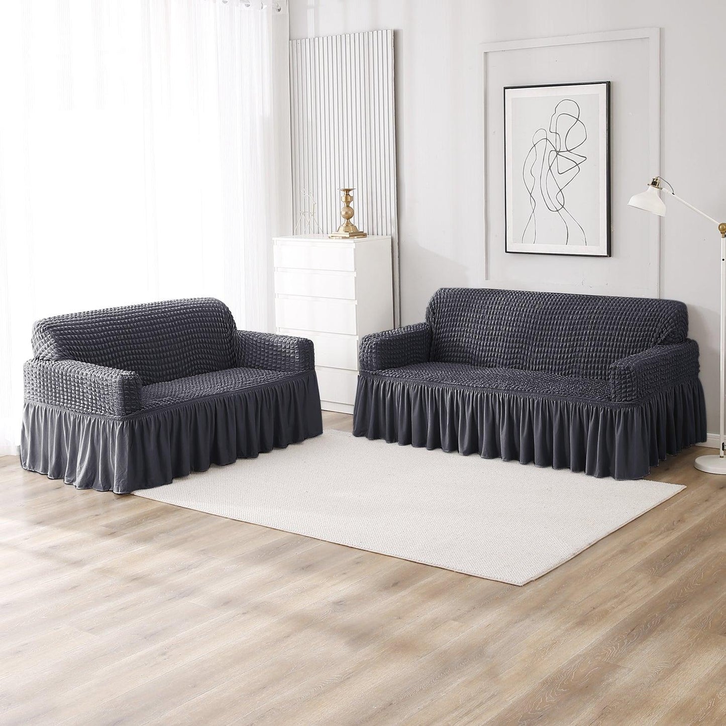 Elastic Stretchable Bubble Sofa Cover with Frill, Anchor Grey