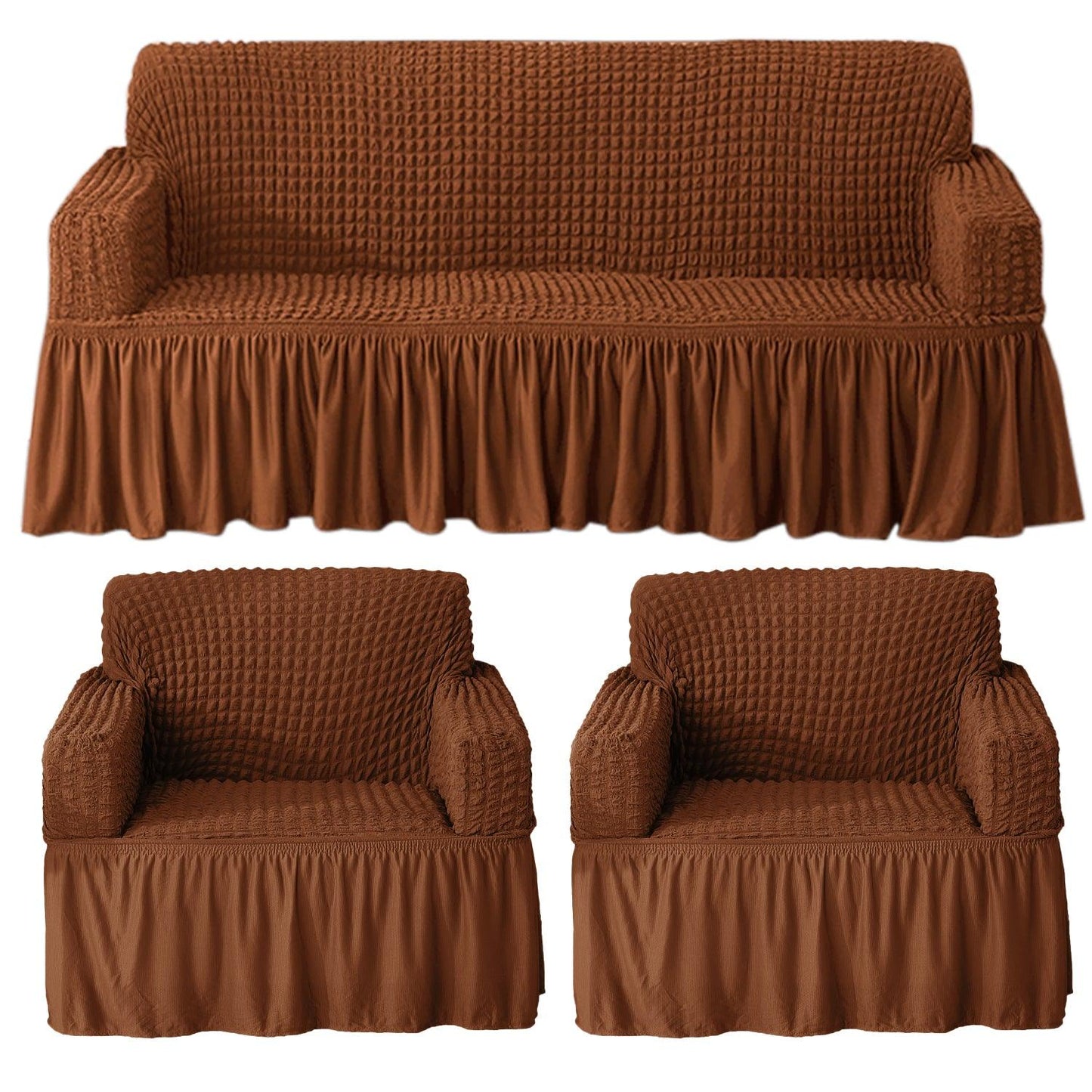 Elastic Stretchable Bubble Sofa Cover with Frill, Chocolate Brown