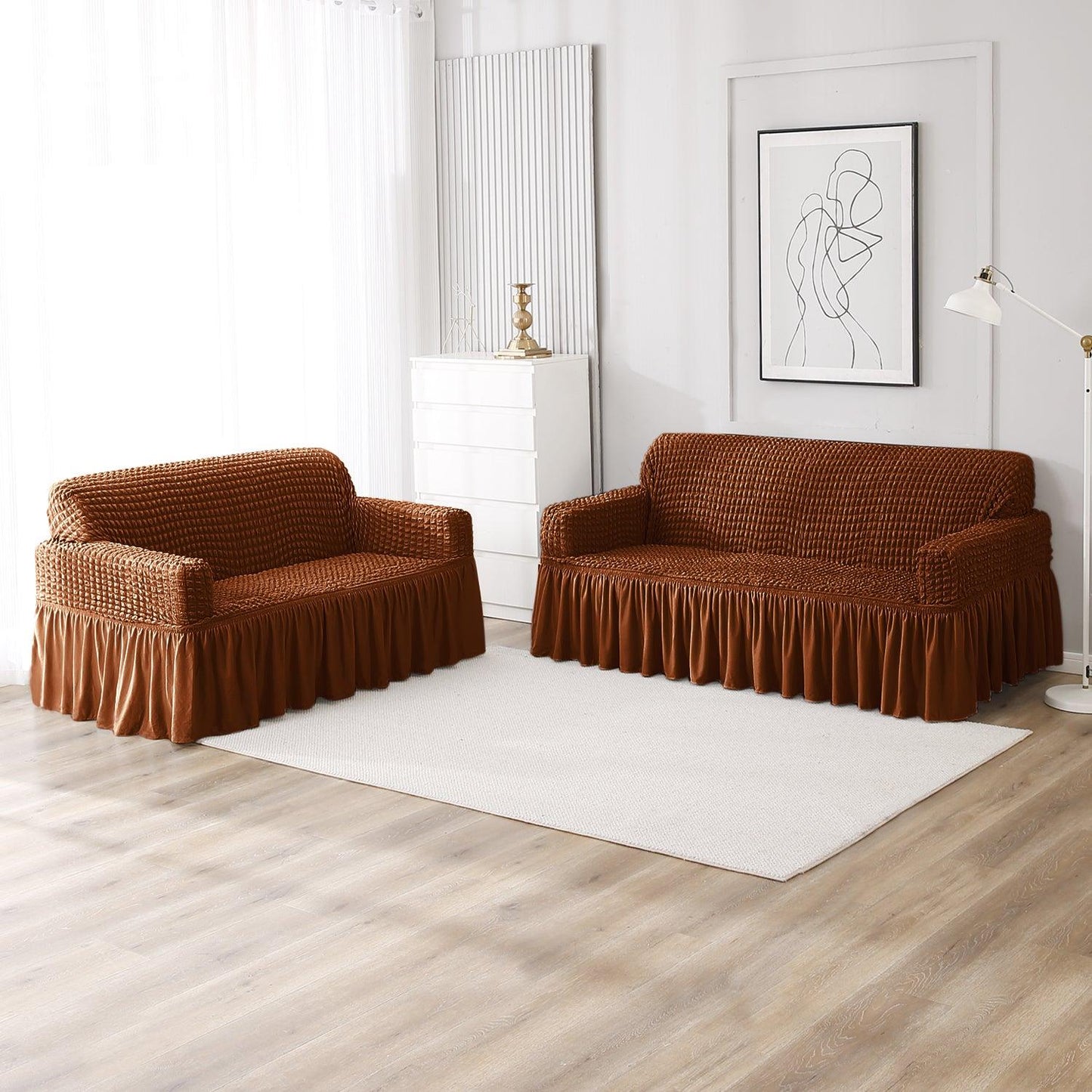 Elastic Stretchable Bubble Sofa Cover with Frill, Chocolate Brown