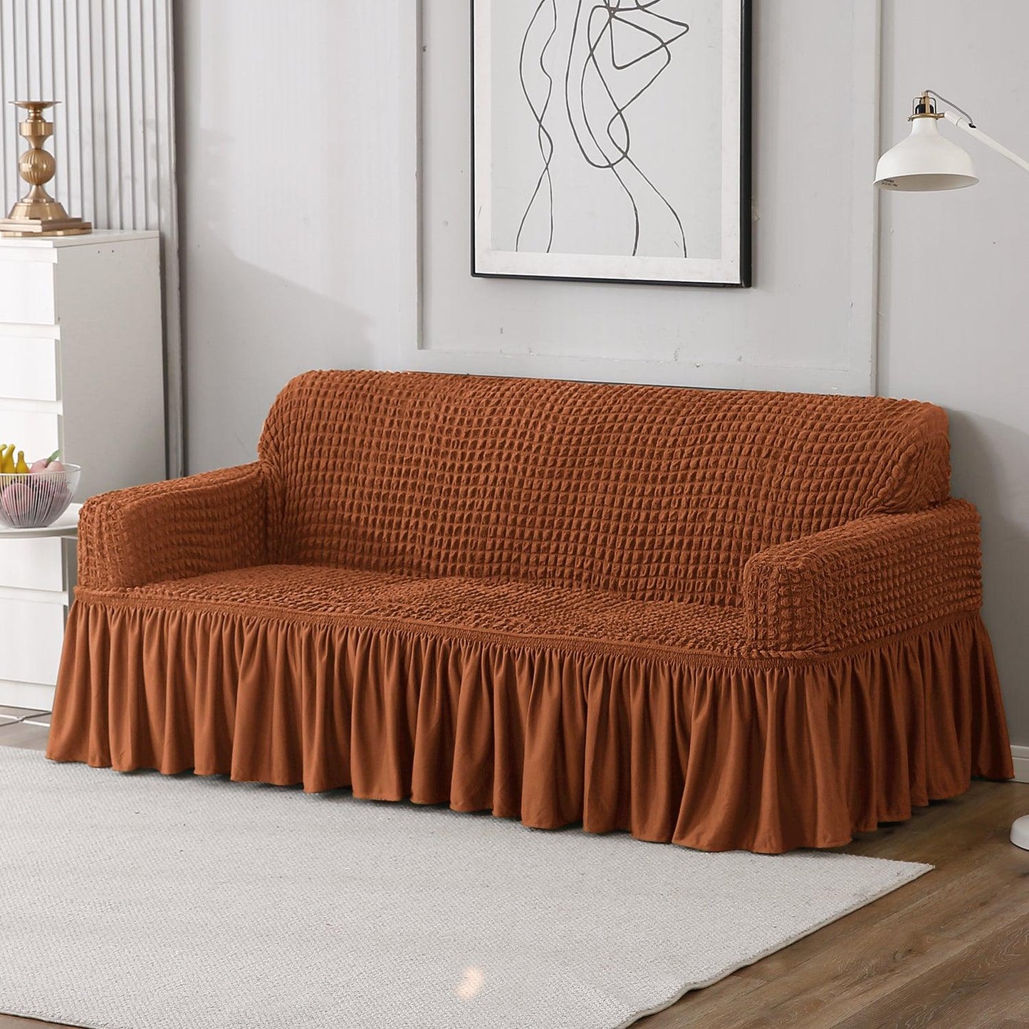 Elastic Stretchable Bubble Sofa Cover with Frill, Chocolate Brown