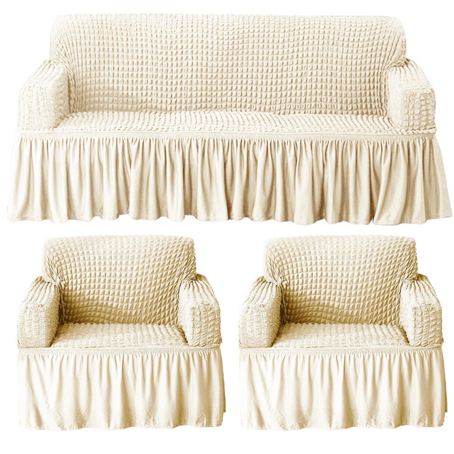 Elastic Stretchable Bubble Sofa Cover with Frill, Cream