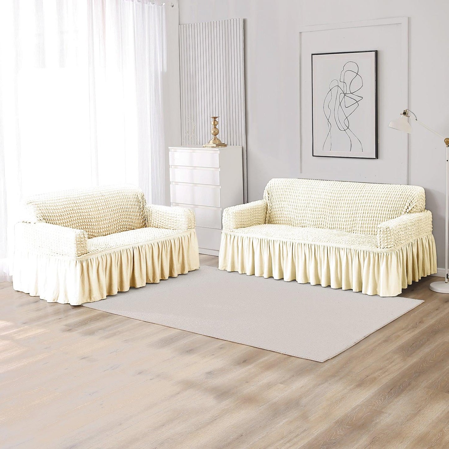 Elastic Stretchable Bubble Sofa Cover with Frill, Cream