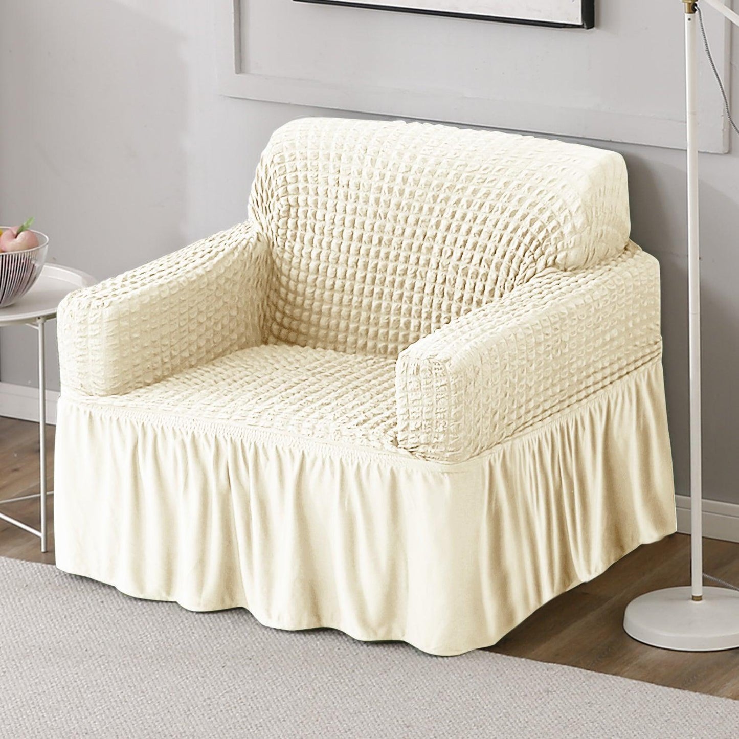 Elastic Stretchable Bubble Sofa Cover with Frill, Cream