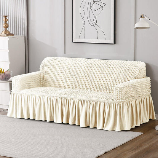 Elastic Stretchable Bubble Sofa Cover with Frill, Cream