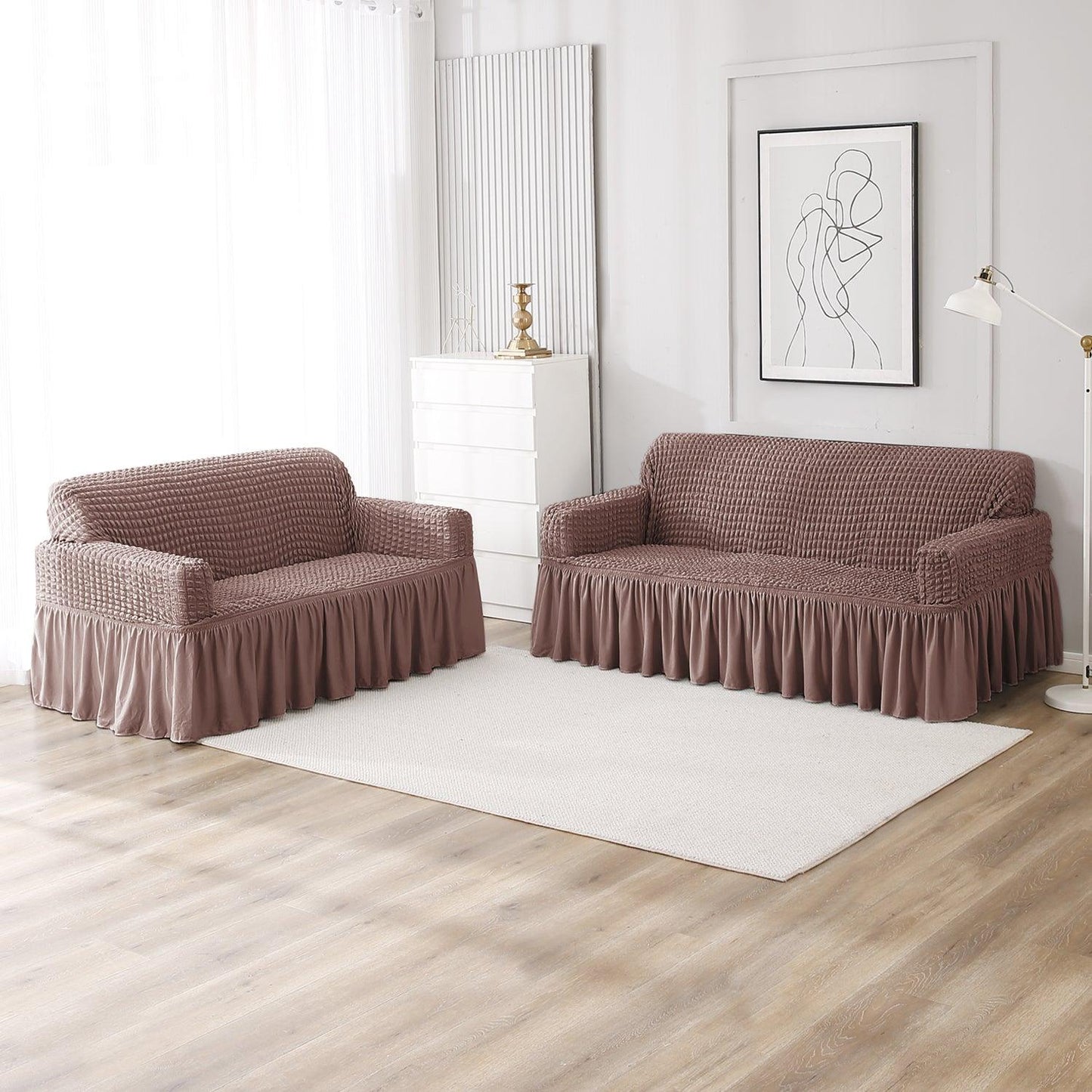 Elastic Stretchable Bubble Sofa Cover with Frill, Mocha