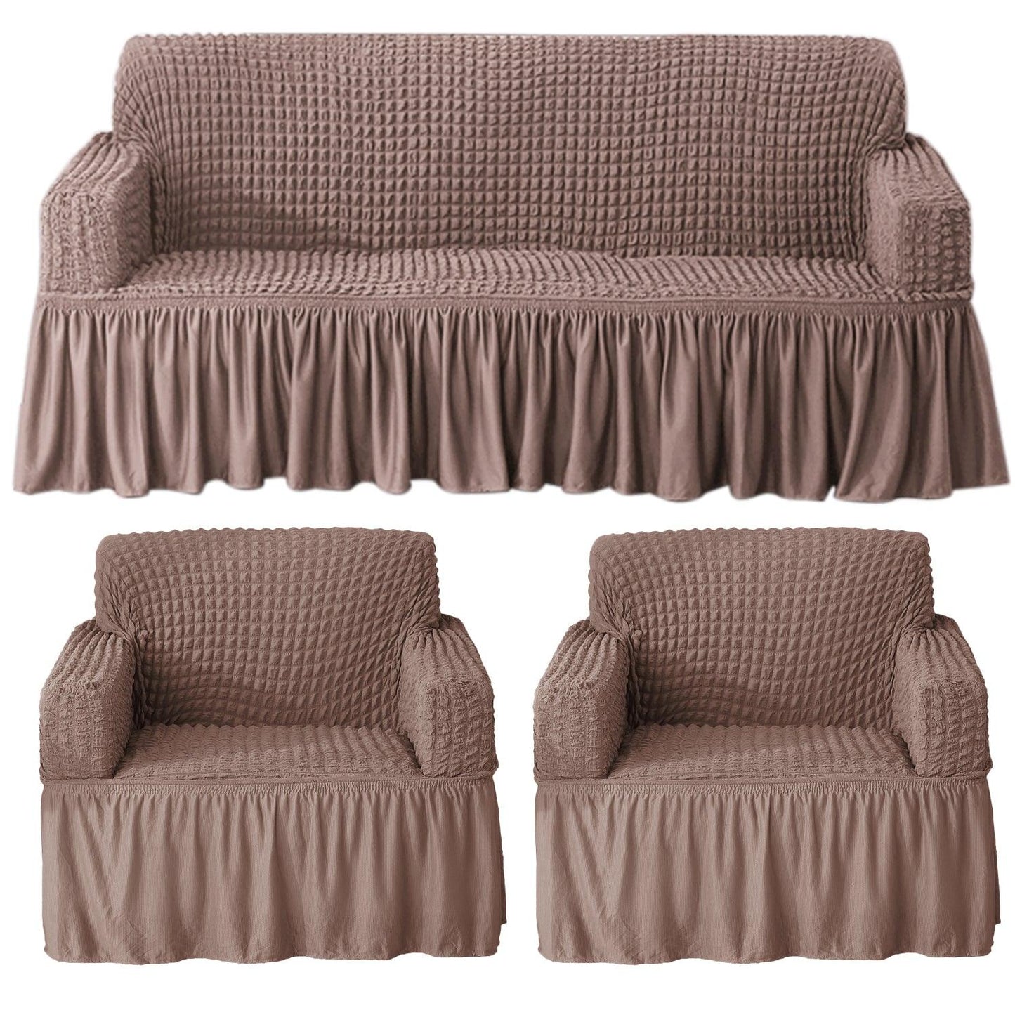 Elastic Stretchable Bubble Sofa Cover with Frill, Mocha