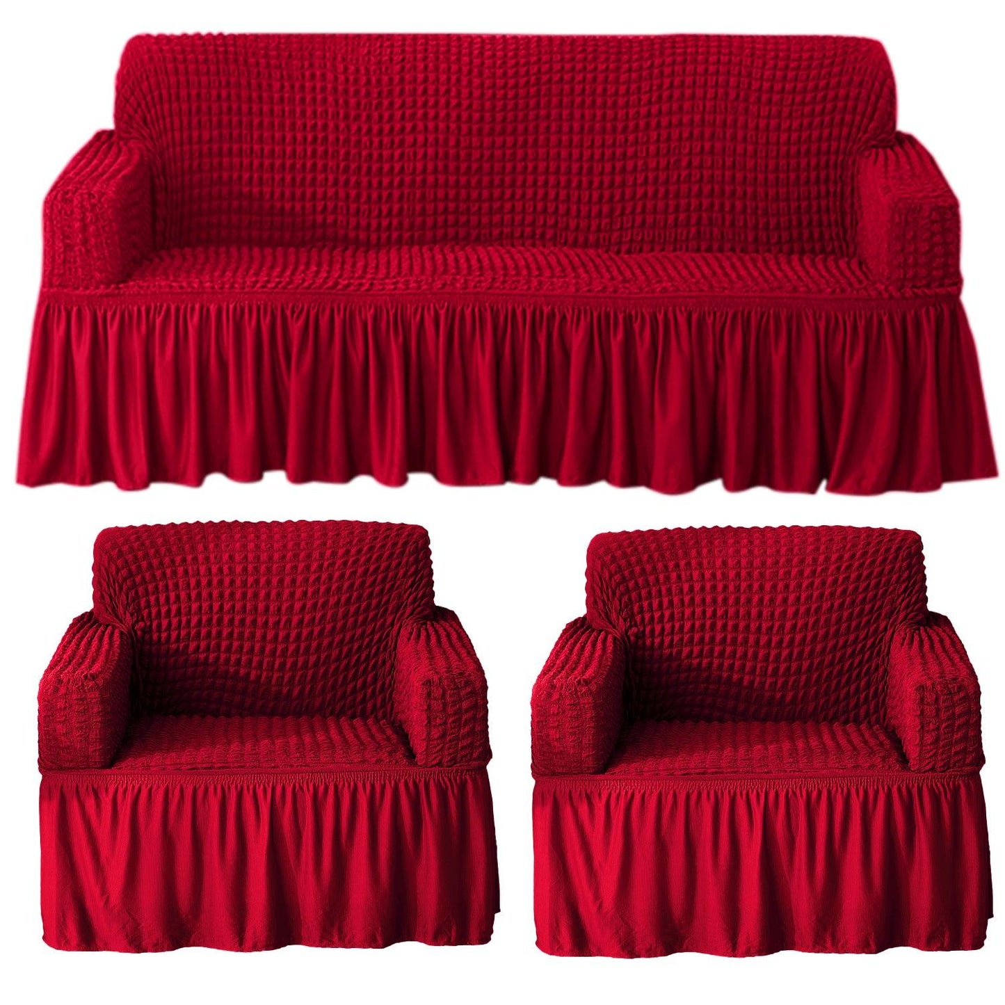 Elastic Stretchable Bubble Sofa Cover with Frill, Scarlet Red