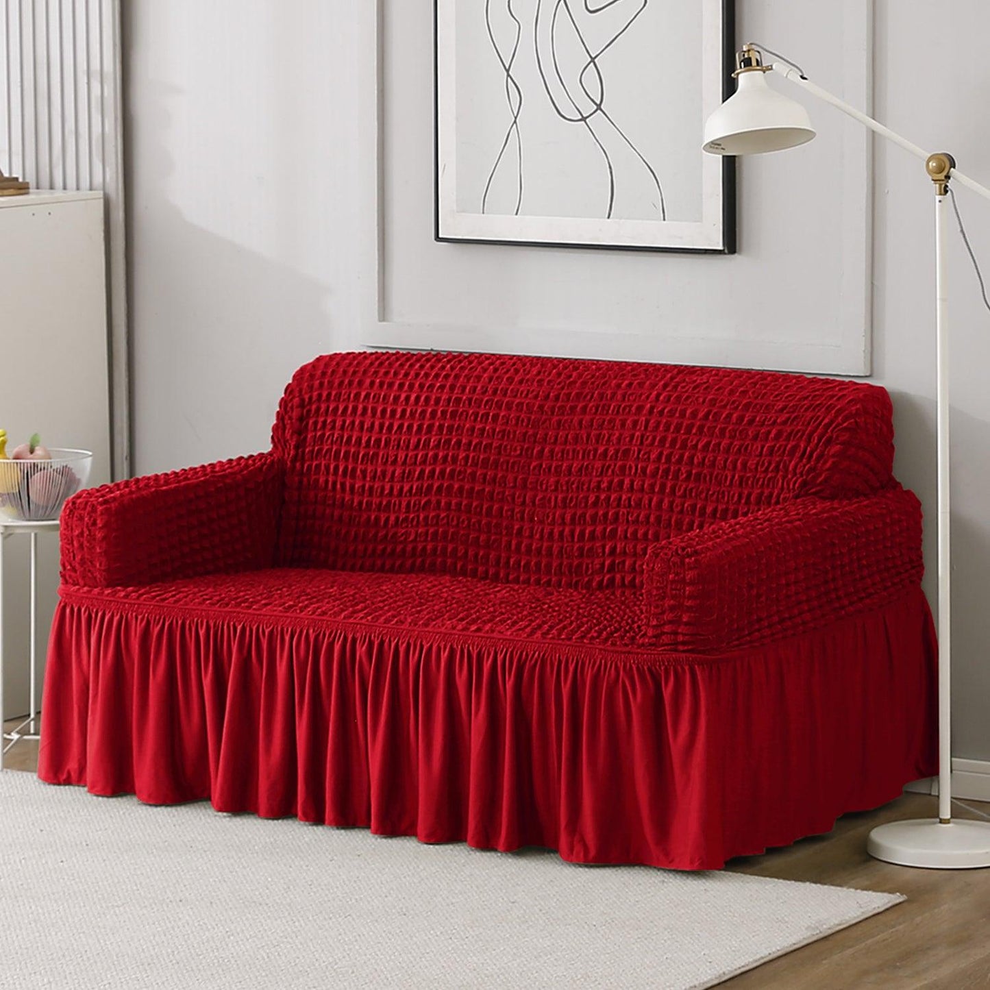 Elastic Stretchable Bubble Sofa Cover with Frill, Scarlet Red