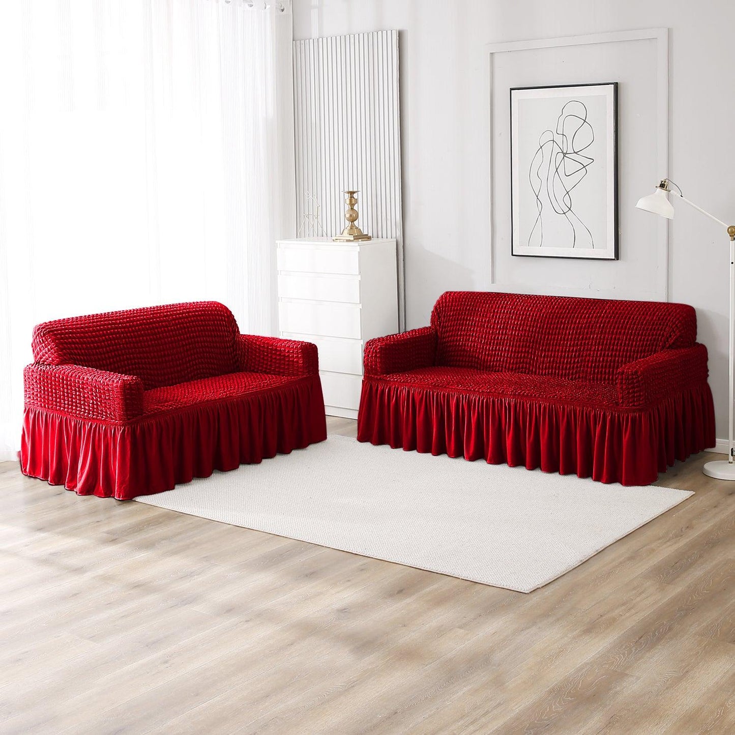 Elastic Stretchable Bubble Sofa Cover with Frill, Scarlet Red