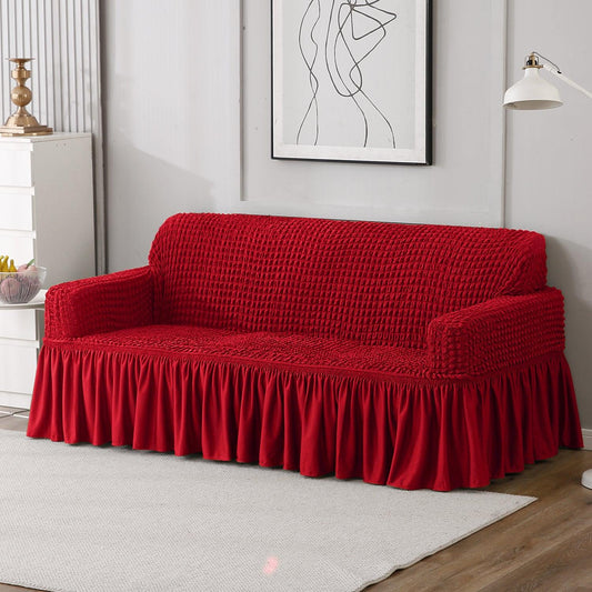 Elastic Stretchable Bubble Sofa Cover with Frill, Scarlet Red