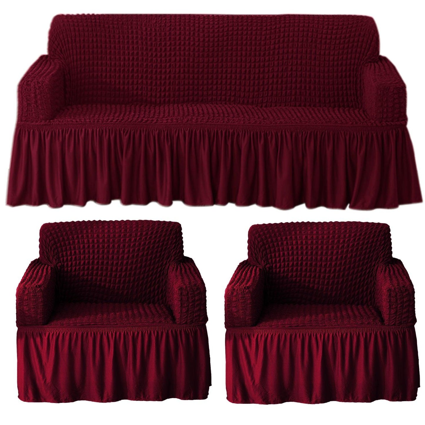 Elastic Stretchable Bubble Sofa Cover with Frill, Wine
