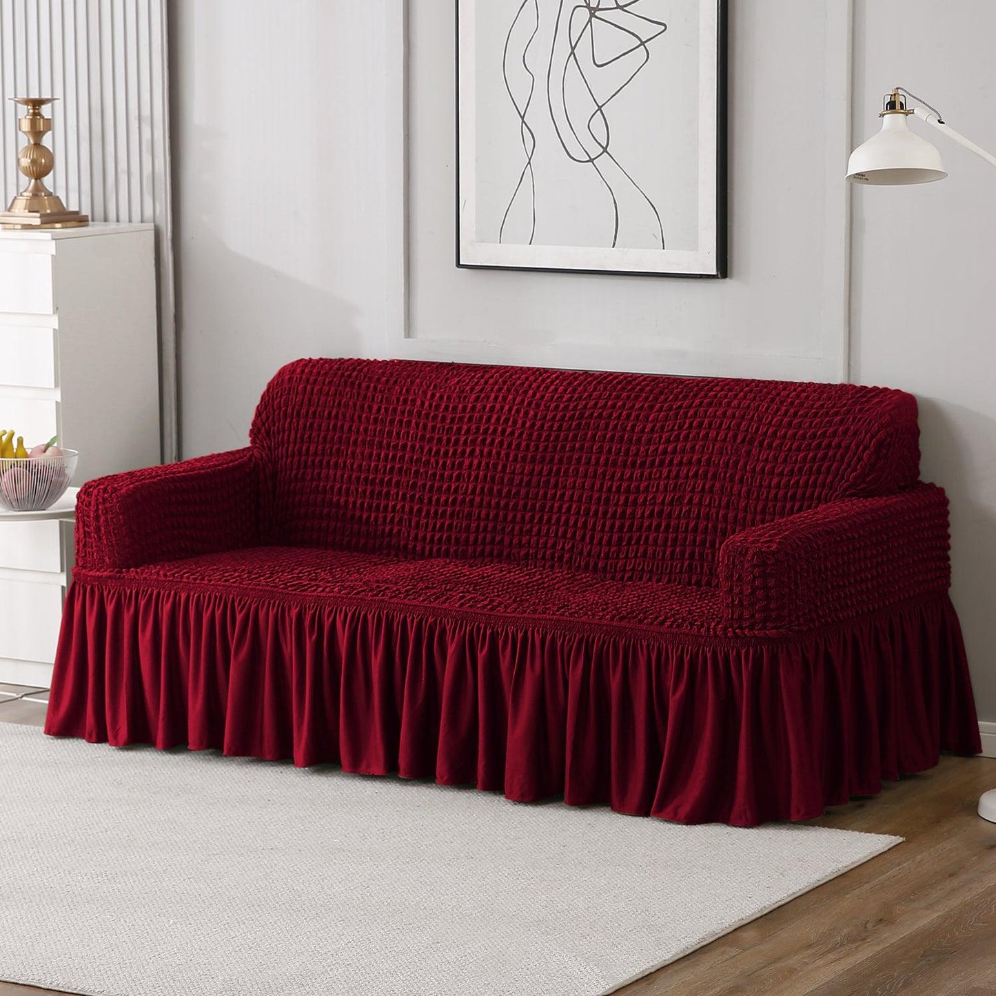 Elastic Stretchable Bubble Sofa Cover with Frill, Wine