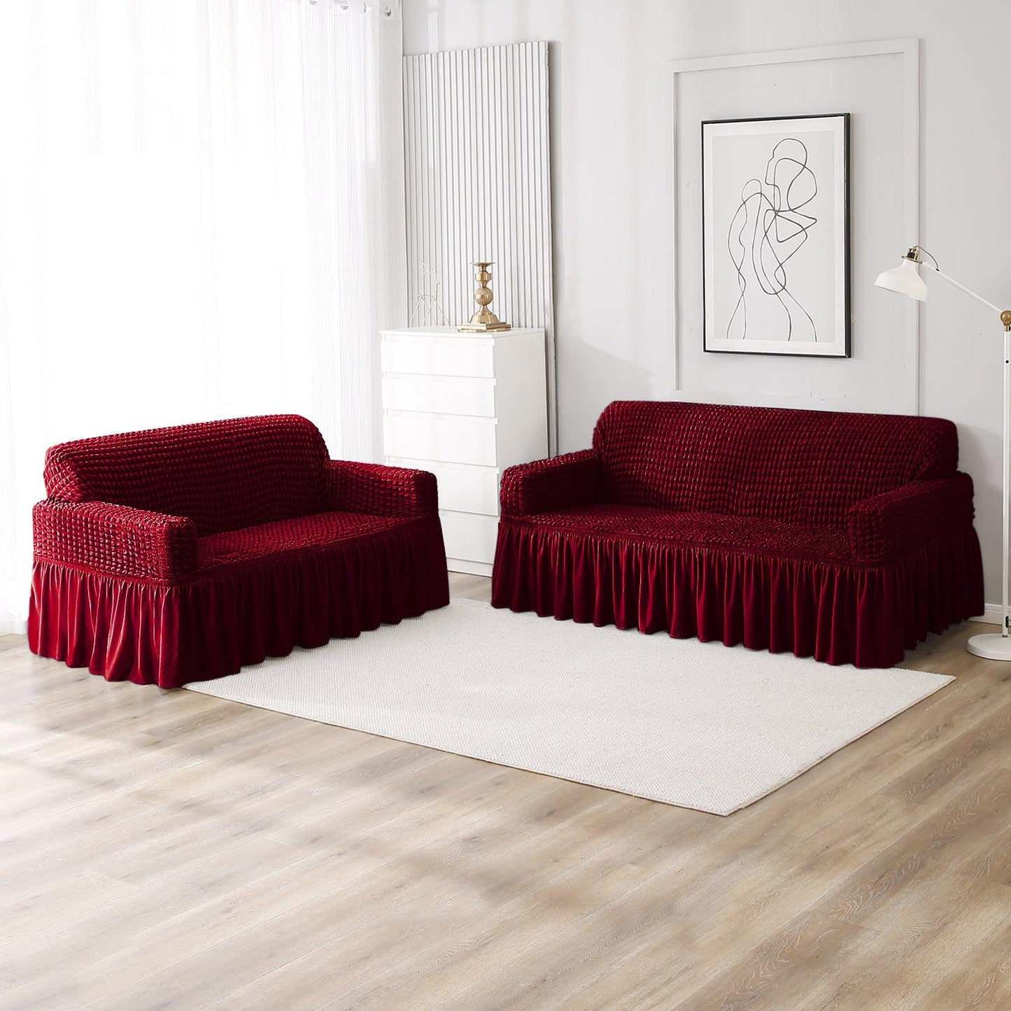 Elastic Stretchable Bubble Sofa Cover with Frill, Wine