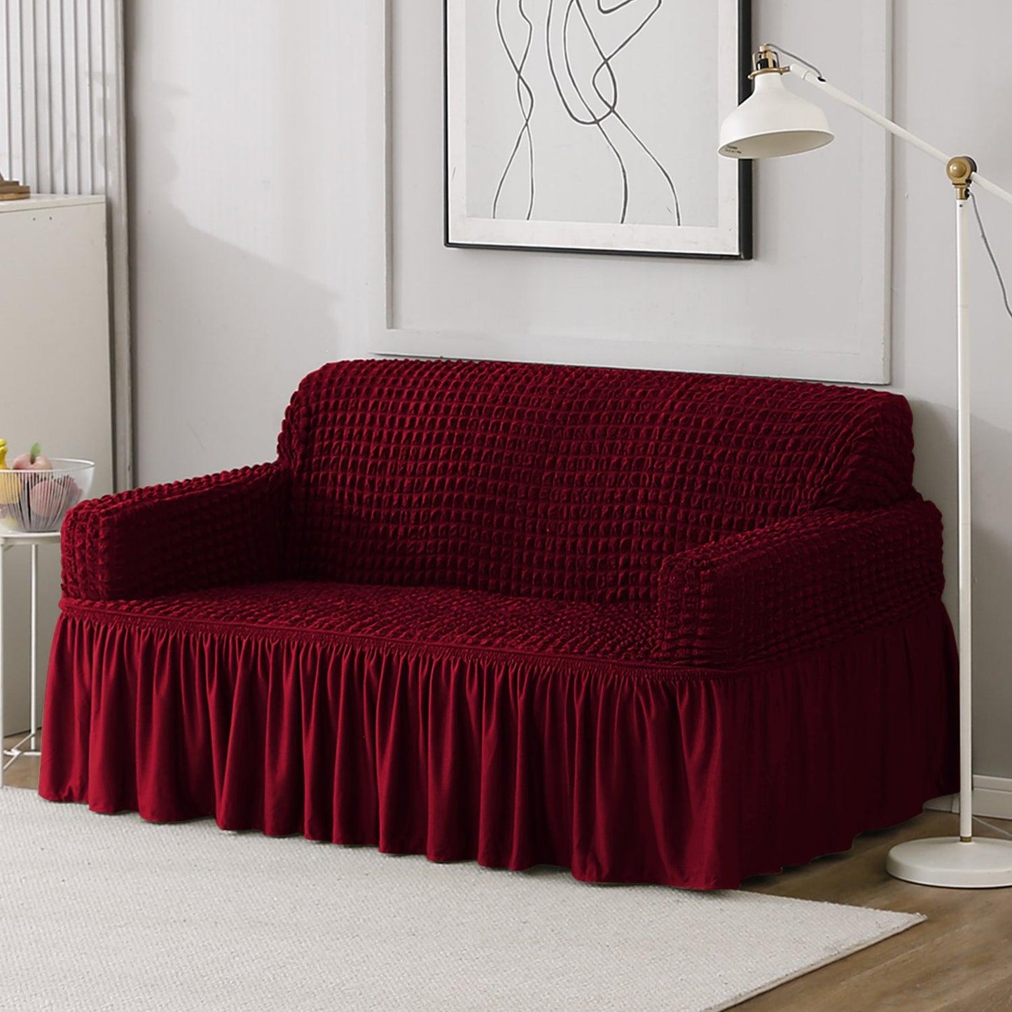 Elastic Stretchable Bubble Sofa Cover with Frill, Wine