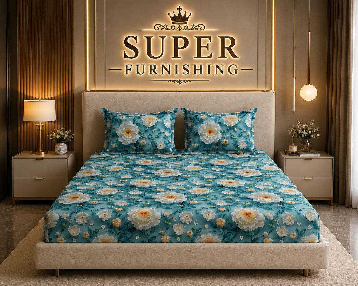 Light Green Cotton Blend Elastic Fitted King Size Double Bed Bedsheet with 2 Pillow Covers SUPER FURNISHING BUY 1 GET 1 FREE