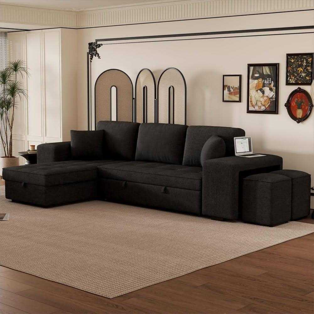 Juana 6 Seater L Shape Sofa Cum Bed with Storage & 2 Puffy – Modern Convertible Sofa for Living Room