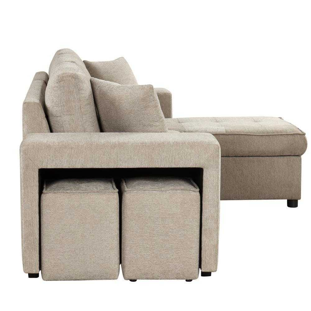 Juana 6 Seater L Shape Sofa Cum Bed with Storage & 2 Puffy – Modern Convertible Sofa for Living Room
