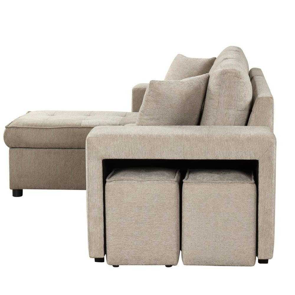 Juana 6 Seater L Shape Sofa Cum Bed with Storage & 2 Puffy – Modern Convertible Sofa for Living Room