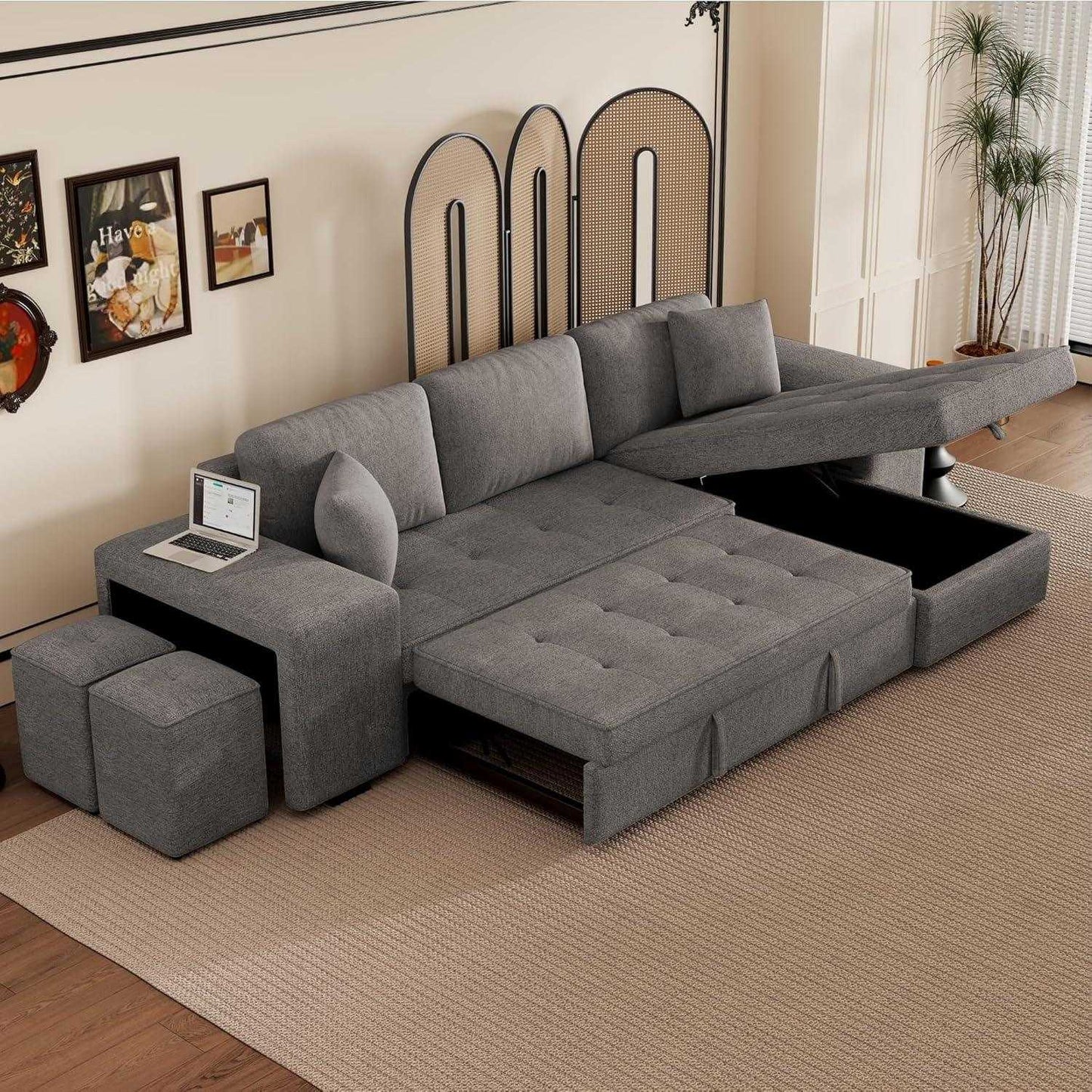 Juana 6 Seater L Shape Sofa Cum Bed with Storage & 2 Puffy – Modern Convertible Sofa for Living Room